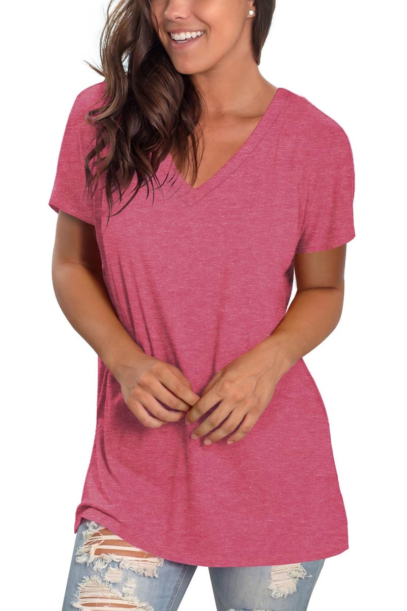 Sipaya Womens T Shirts Short Sleeve Flowy Tops Summer Solid Color Trendy Clothes Red L - Image 3